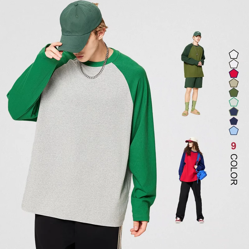 Color Block Oversized 270GSM 100% Cotton Long Sleeve Round Neck Casual Unisex T Shirts Custom Logo Tshir