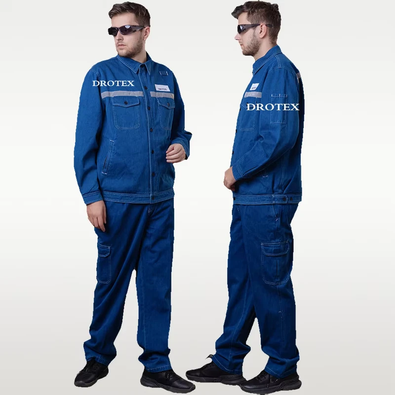 Comfortable Denim Electrician Sewing Fire Resistant Jacket Pants Work Clothes Industrial Safety Suits