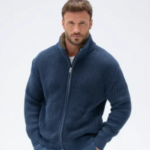 Comfortable Men’s Wool Cardigan with Detachable Faux Fur Collar and Double Zipper