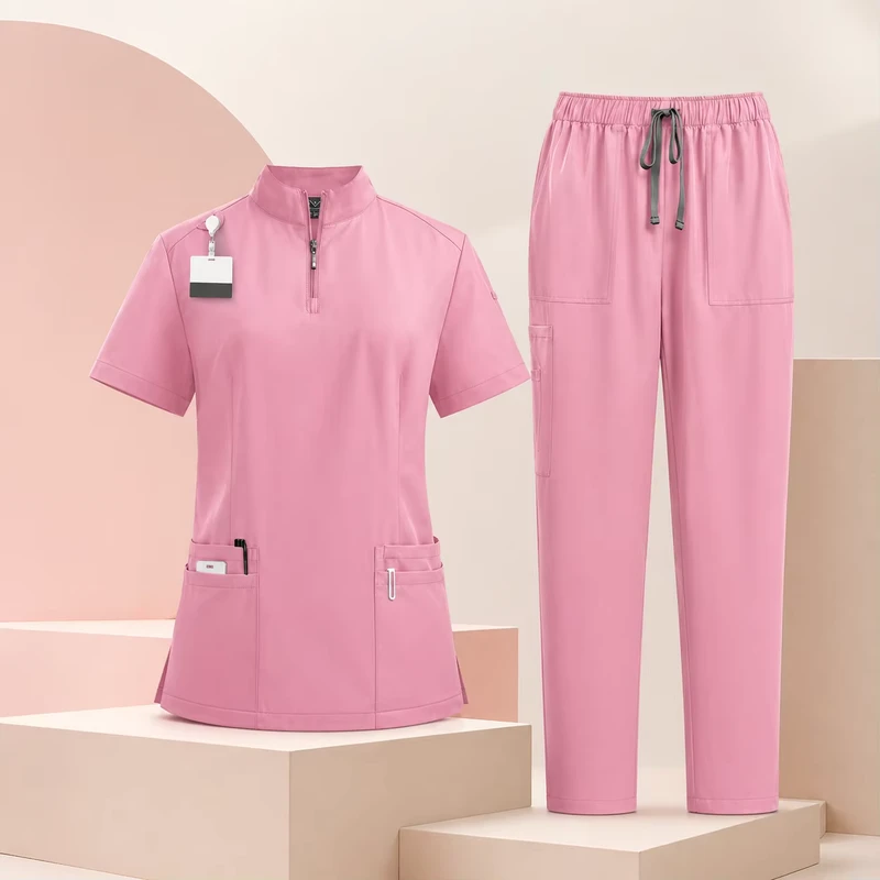 Comfortable Stretchy Unisex Zipper Collar Twill Fabric Spandex Polyester Salon Scrub Uniform Hospital Uniforms
