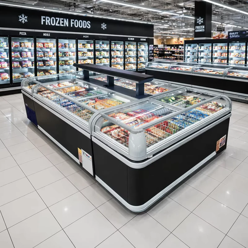 Commercial Supermarket Show case Open Glass Island Freezer Refrigerator Deep Freezer for Sea Food