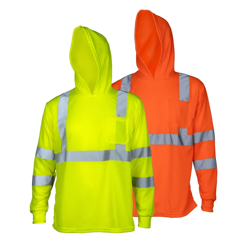 Construction Workwear Polyester Reflective Safety Clothing Hoodies Men Work Shirts Long Sleeve Hi Viz with Hood Reflector
