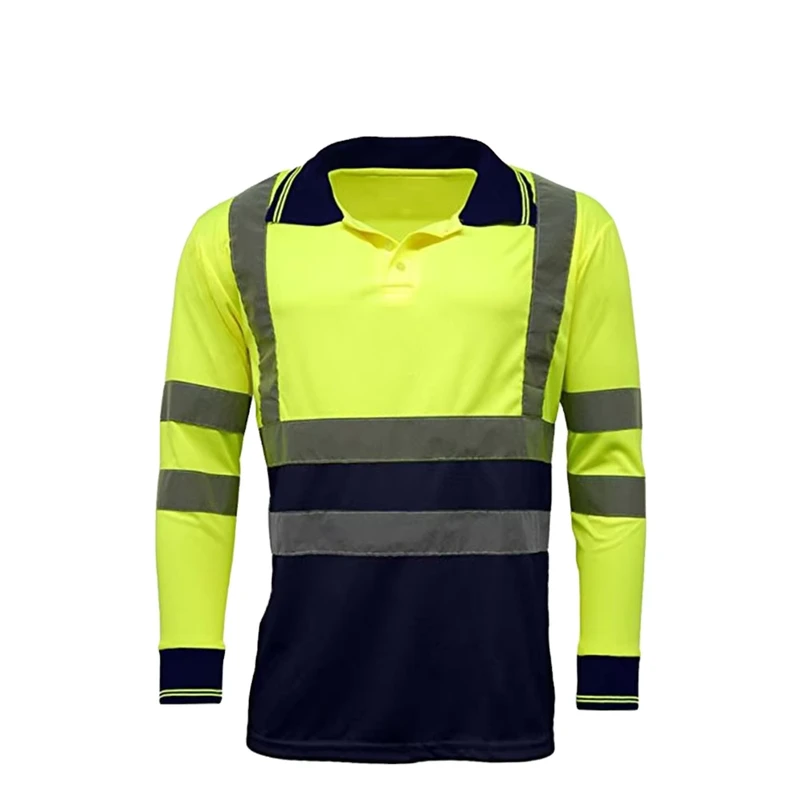 Contrast Color Work Clothing Mens Breathable Long Sleeve Polo Neck Hi Vis Shirt Men Polo Work t Shirt with Reflective Tape