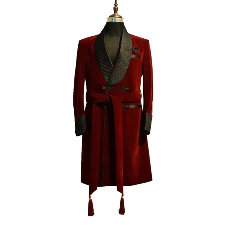 Costume Homme Red Long Velvet Mens Suits Double Breasted Dinner Jacket Velvet Wedding Tuxedos Groomsman Coat Blazer Only 1 Piece