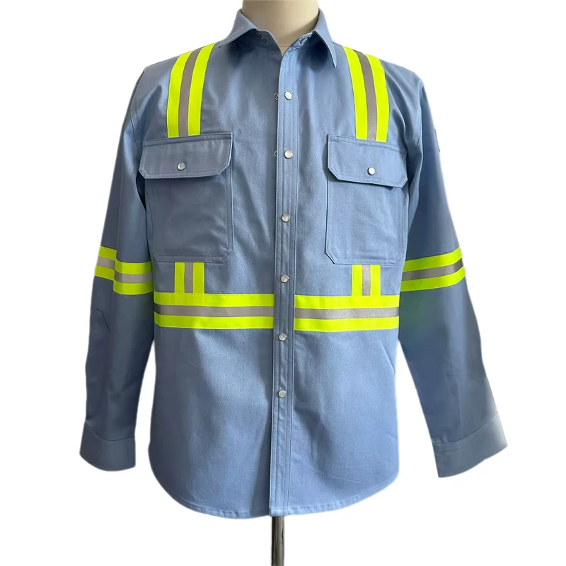 Cotton Flame Resistant Shirt Long Sleeves High Visibility FR Shirt Mining Construction Sky Blue Welding Shirt Breathable