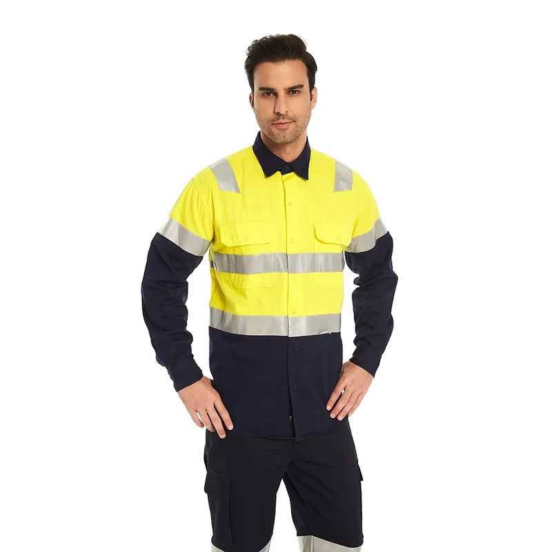 Cotton Hi Vis Shirts Protective Yellow Work Safety Jacket Workwear for Men Work Clothes Custom