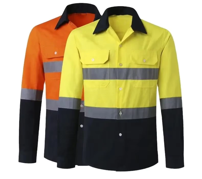 Cotton High Visibility Long Sleeve Reflective Safety Work Shirt