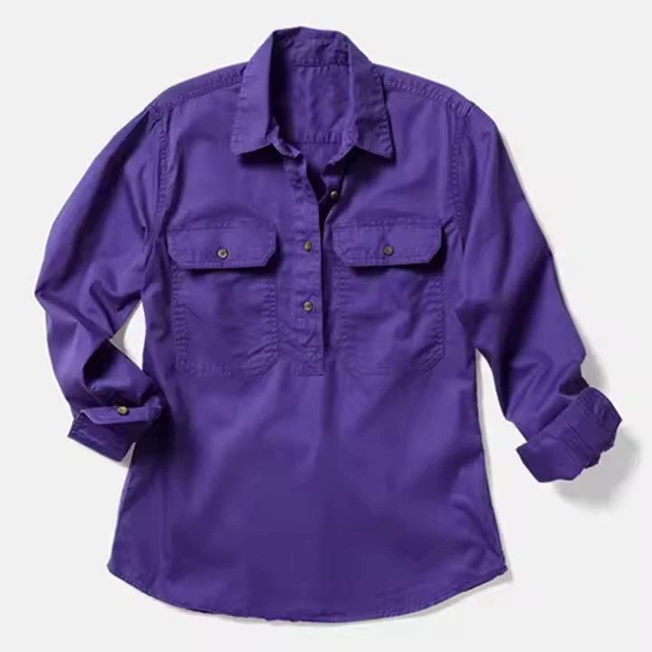 Cotton-Work-Shirt-with-Custom-Logo-Roll-Up-Sleeve-Embroidery-Loose-Fit