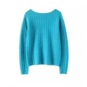 Crew Neck Bright Blue Merino Wool Nylon Pullover Casual Shrug Cable Knit Anti Shrink Oversize Sweater