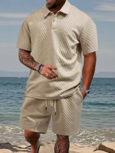 Cross Border Men’s Summer European American New Jacquard Fabric Casual Sports Thin Turn Down Collar Color Blocking Polo Set