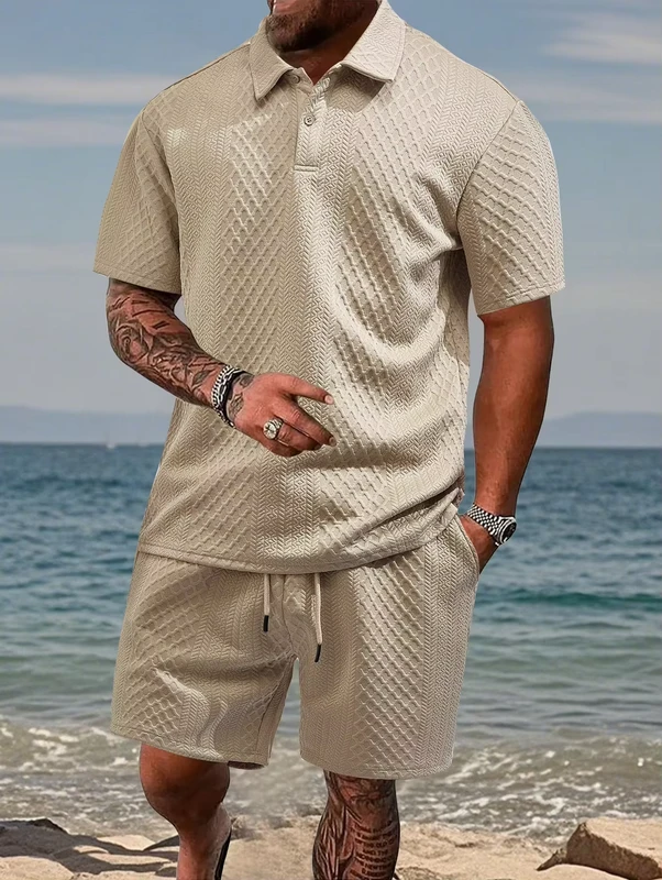 Cross-Border-Mens-Summer-European-American-New-Jacquard-Fabric-Casual-Sports-Thin-Turn-Down-Collar-Color-Blocking-Polo-Set