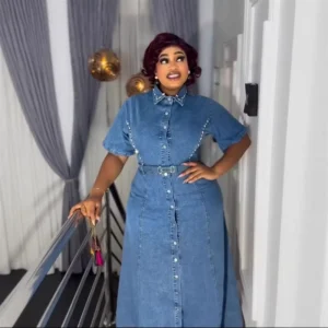 Cross Border New Arrival Rhinestone Embellished Lapel Short Sleeve Denim Dress with a Defined Waist and Long Shirt Dress