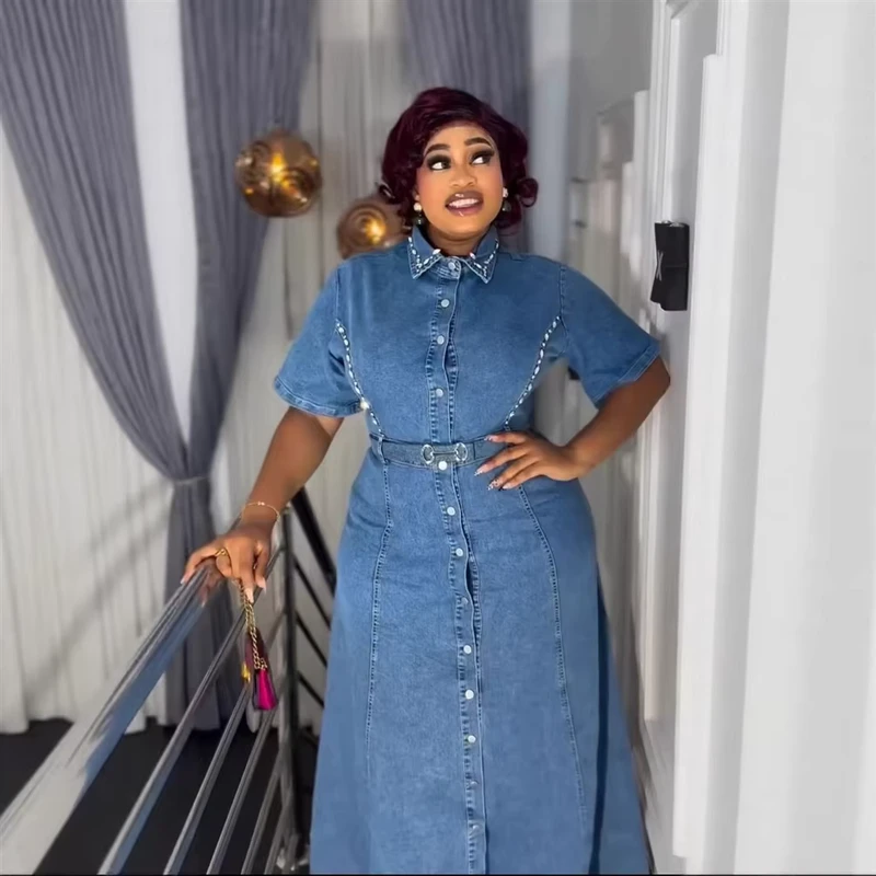 Cross Border New Arrival Rhinestone Embellished Lapel Short Sleeve Denim Dress with a Defined Waist and Long Shirt Dress