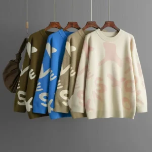 Cross Border Russian Autumn Winter New Casual Knitted Sweater Women Polyester Cotton Long Jacquard Character Pattern Loose