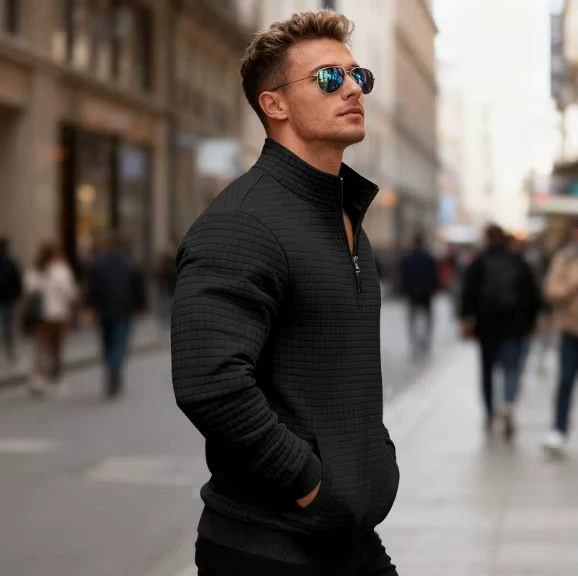 Cross-border-Autumn-Winter-Mens-Jacquard-Small-Checkered-Stand-Collar-Casual-Loose-Sweaters-European-Size-Heavyweight