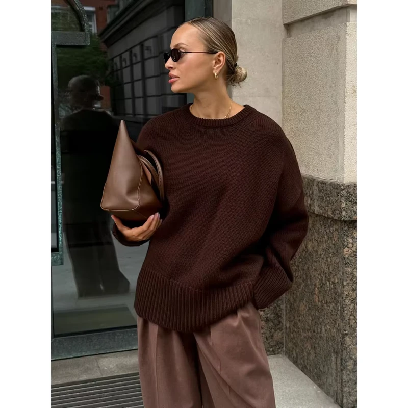 Cross-border Round Neck Sweater European and American Style Autumn and Winter Pure Color All-matching