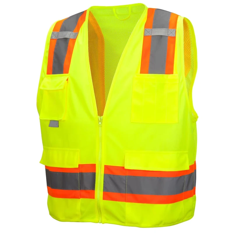 Custom 4 Pockets Safety Vest Hivis Ansi Class 2 Construction Surveyor Mesh High Visibility Reflective Vest with Zipper logo