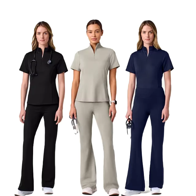 Custom 4 Way Stretch V Neck Women's Nurse Scrubs Sets Anti Wrinkle Hospital Doctor's Gown Zipper Fitted Medical Four Seasons