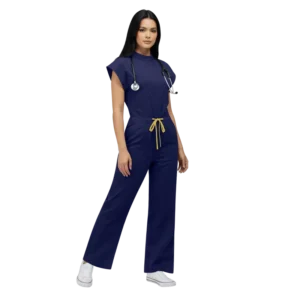 Custom 42388 OEM ODM Deep Blue Navy Blue Stretchy Hospital Scrub Suit for Professionals with Zipper Tie Waist and Straight Leg