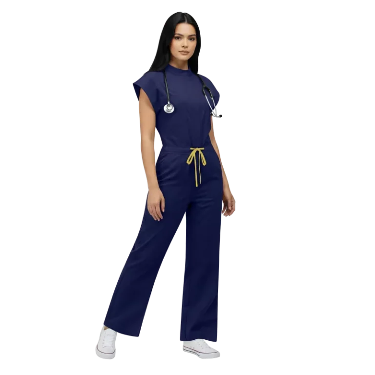Custom-42388-OEM-ODM-Deep-Blue-Navy-Blue-Stretchy-Hospital-Scrub-Suit-for-Professionals-with-Zipper-Tie-Waist-and-Straight-Leg