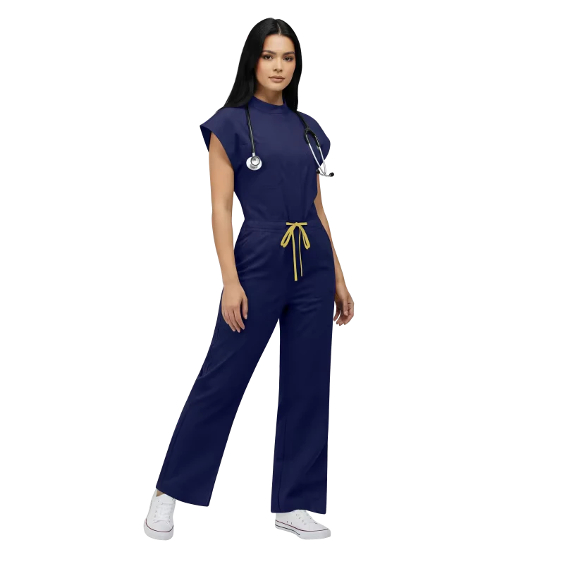 Custom 42388 OEM ODM Deep Blue Navy Blue Stretchy Hospital Scrub Suit for Professionals with Zipper Tie Waist and Straight Leg