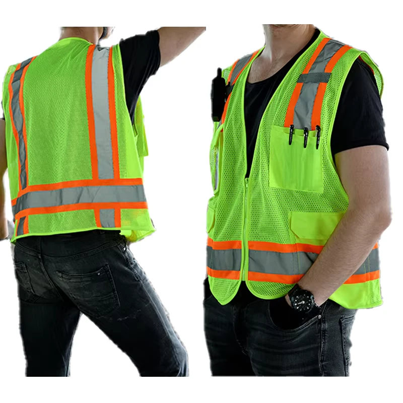 Custom ANSI Class 2 Fluorescent Yellow Two Tone Reflective Safety Vest with Zipper Closure Customized Logo Workplace Safety