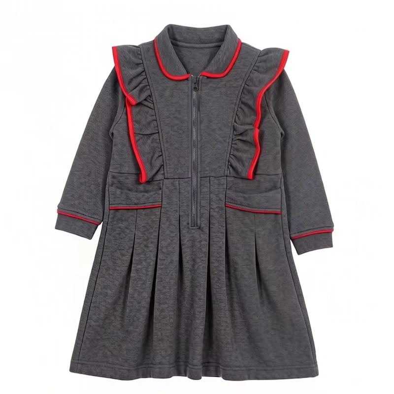 Custom Autumn Fashion Girls Long Sleeve Dress Ruffled edge Designs Dress School Uniforms for Primary Age Islamic School Wear