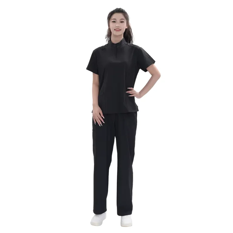 Custom-Black-Unisex-Medical-Scrub-Set-4-Way-Stretch-Zip-Neck-Hospital-Uniform-Multi-Pocket