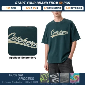 Custom Boxy Fit T Shirt Applique Embroidery Logo 195 GSM Cotton Blend Streetwear Drop Shoulder Tee Unisex OEM ODM Manufacturer
