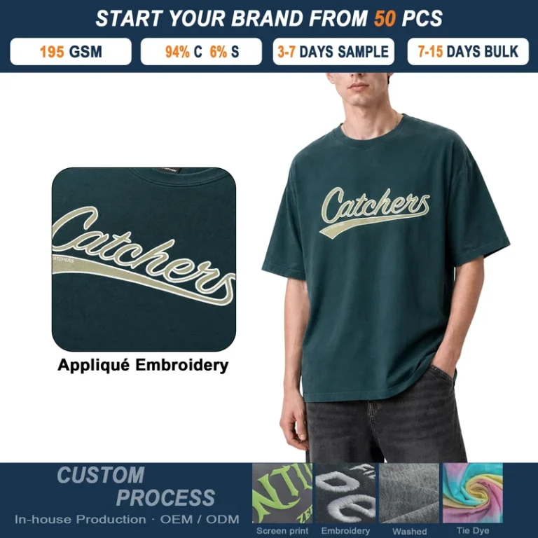 Custom-Boxy-Fit-T-Shirt-Applique-Embroidery-Logo-195-GSM-Cotton-Blend-Streetwear-Drop-Shoulder-Tee-Unisex-OEM-ODM-Manufacturer