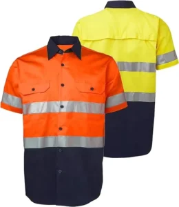 Custom Button up 2 Tone Hi Vis Work Shirt With Reflective Tape Cotton Drill Safety Shirt Men’s PPE Clothing