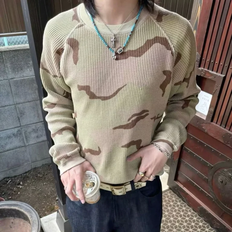 Custom-Camo-Unisex-Cotton-Knitted-Waffle-Thermal-Long-Sleeve-T-Shirt-Digital-Print-Dropped-Shoulders-Distressed-Raglan-Plus-Size