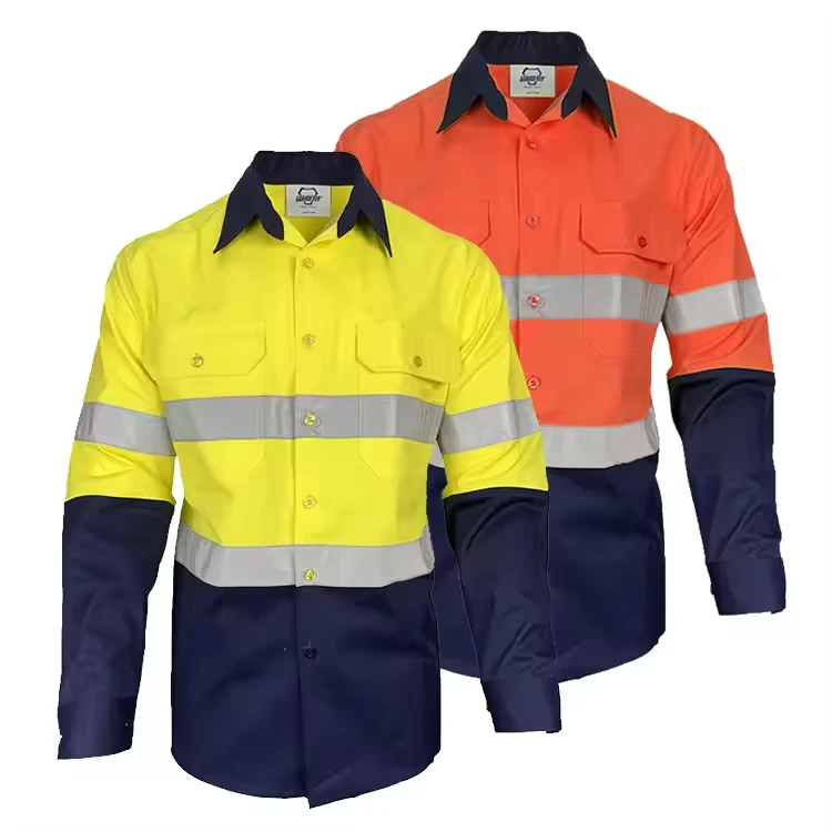Custom Construction Long Sleeve Cotton Drill High Visibility Coal Mining Reflective Safety Workwear Hi Vis Work Shirt