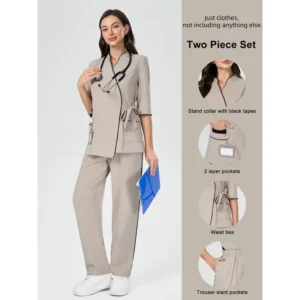Custom Contrast Trim V Neck Scrub Set Short Sleeve Multi Pocket Uniform for Beauty Salon Dental Clinic Stylish Workwear