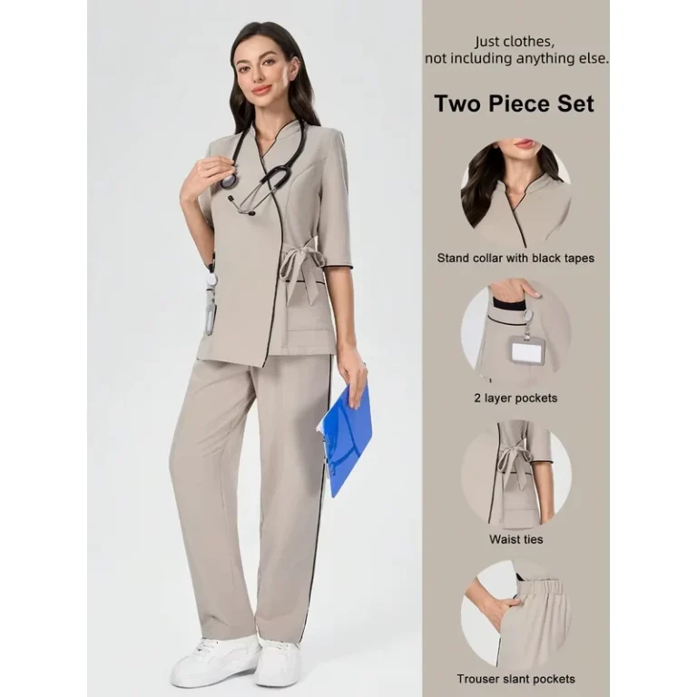 Custom-Contrast-Trim-V-Neck-Scrub-Set-Short-Sleeve-Multi-Pocket-Uniform-for-Beauty-Salon-Dental-Clinic-Stylish-Workwear