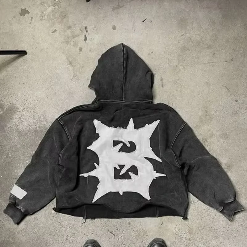 Custom Cotton Acid Wash Embroidery Patches Men Boxed Fit Hoodie