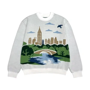 Custom Crew Neck Knit Pullover Knitwear Men’s Casual Soft Warm Sweater City Landscape Design Jacquard Pattern Knitted Sweater