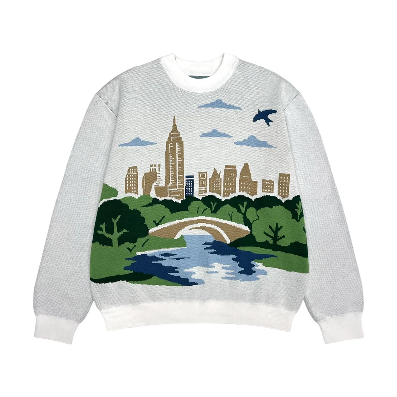 Custom Crew Neck Knit Pullover Knitwear Men's Casual Soft Warm Sweater City Landscape Design Jacquard Pattern Knitted Sweater