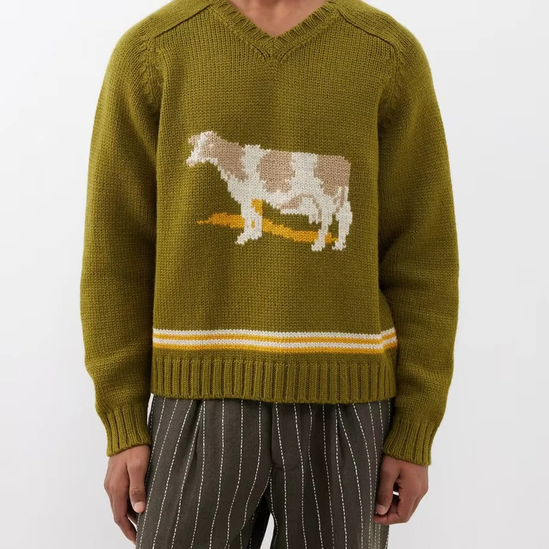 Custom Crew Neck Unisex Knitting Casual Winter Cashmere Cotton Oversized Graphic Intarsia Mens Pullover Sweater