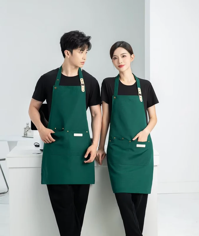 Custom Denim Kitchen Apron and Arm Bands with Restaurant Barista Logo for Beverage Service Uniforms