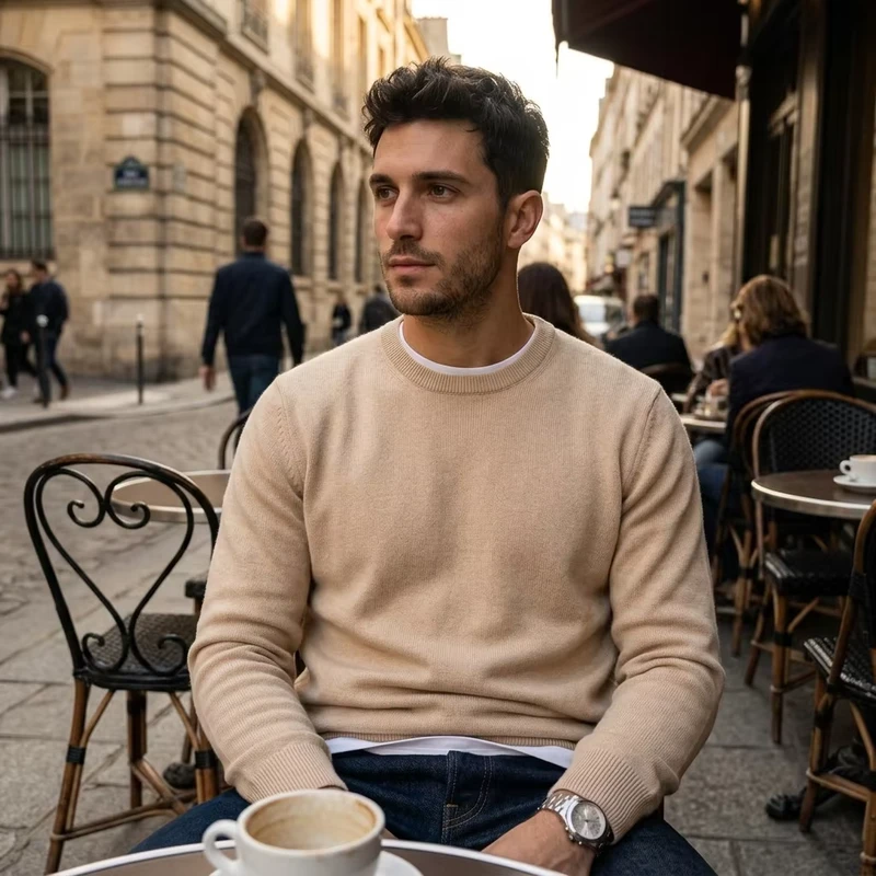 Custom Design Smart Casual Men Knitted Pullover Crewneck Beige Solid Sweater Autumn Winter Midweight Jumper