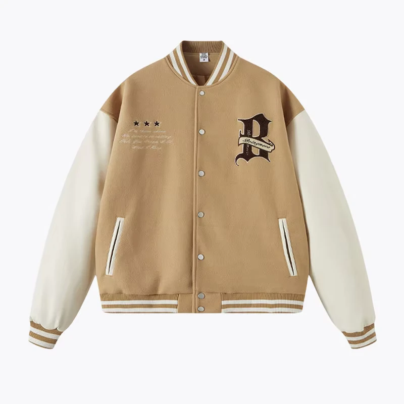 Custom Designed Terry Cloth Embroidered Baseball Jacket American Style Loose Fitting PU Color Blocked Jacket