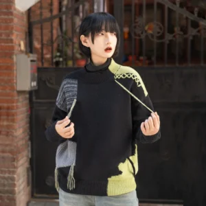 Custom Designer Brand Knitwear Ladies Luxury High End Modern Fringe Spliced Patchwork Color Block Cotton Knit Sweater Women