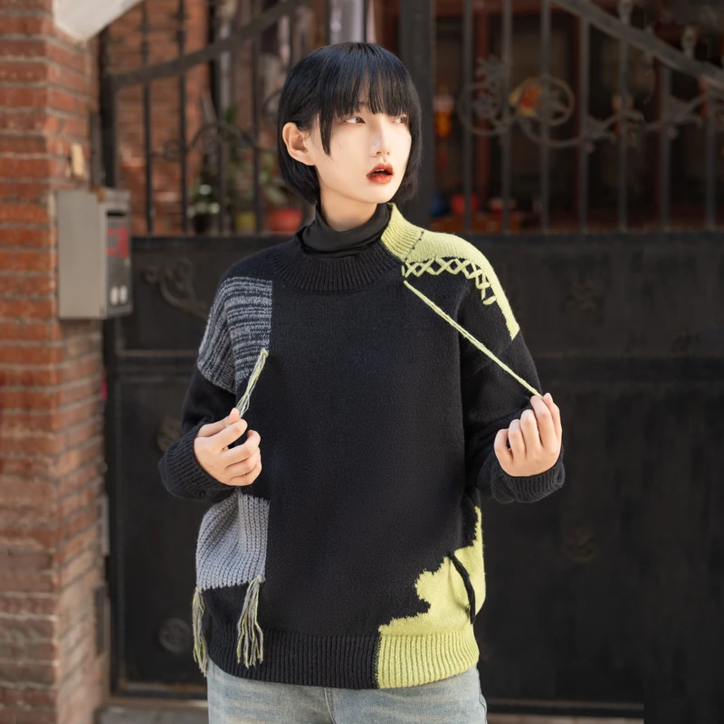 Custom Designer Brand Knitwear Ladies Luxury High End Modern Fringe Spliced Patchwork Color Block Cotton Knit Sweater Women