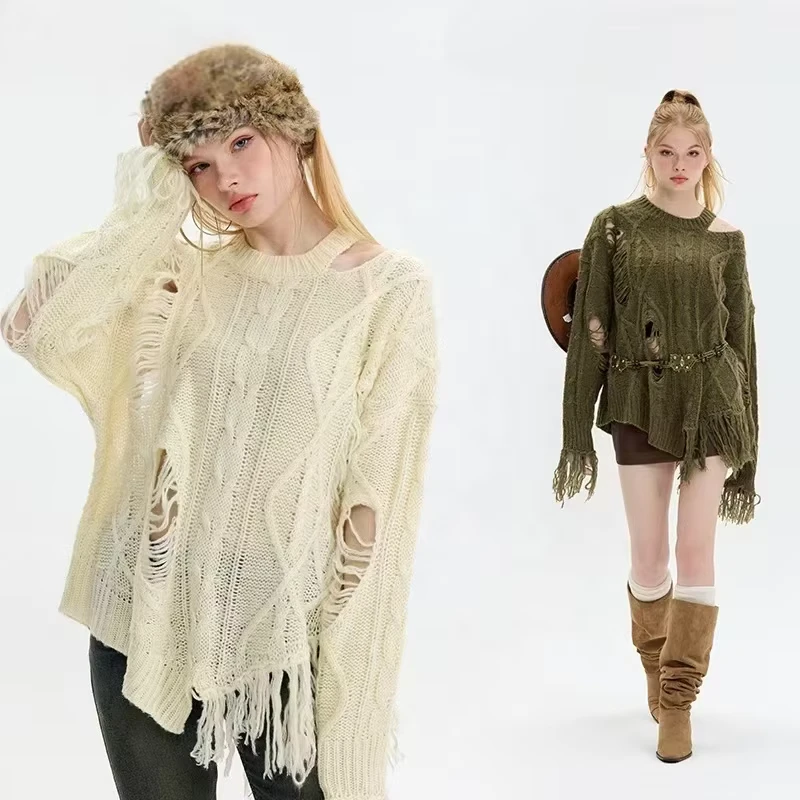 Custom Distressed Hollow Out Sweater with Fringe OEM Tassel Detail Knitwear Western Style Jumper Manufacturer