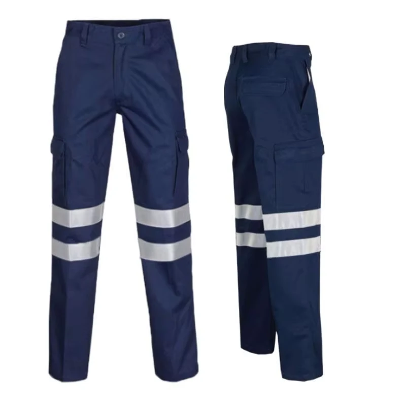 Custom Double Silver FR Reflective Strips Fluorescent Cotton Unisex Cargo Trousers Workwear Safety High Visibility Outdoor CE