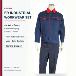 Custom FR Industrial Workwear Set Flame Retardant Jacket Pants with Reflective Piping for Welding Factory Oil Gas Maintenance