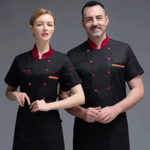 Custom Fashion French Personalized Polyester Cotton Jacket Unisex Kitchen Short Sleeve Restaurant Cafe Chef Coat Uniform