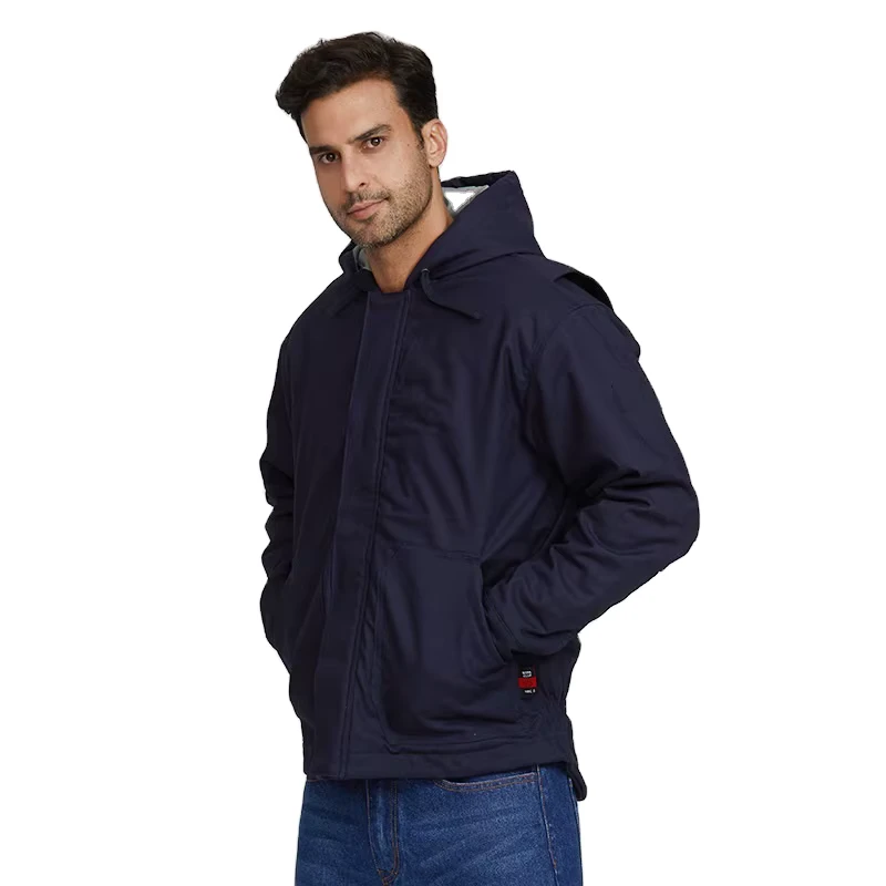 Custom Fire Resistant Fr Men's Jacket Mechanics Welding Flame Retardant Safety Work Clothing Full Zipper up Jacket With Hoodies
