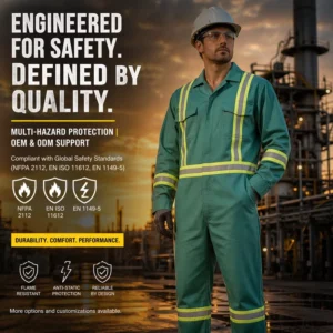 Custom Fireproof Anti static Work Safety Overall Reflective Hi Vis Flame Retardant FRC Coverall for Oil Gas Industry